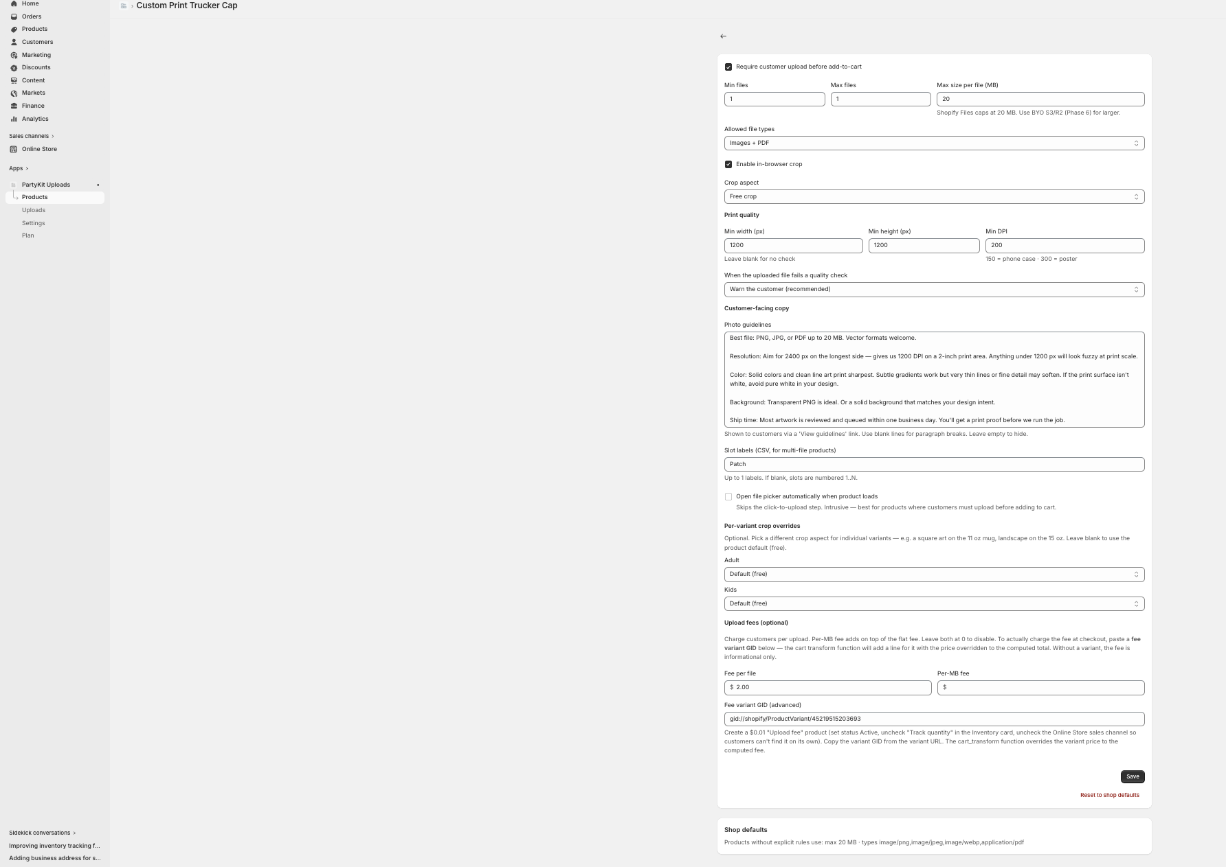 PartyKit admin per-product configuration screen with crop rules, photo guidelines, per-variant aspects, and the upload fee variant