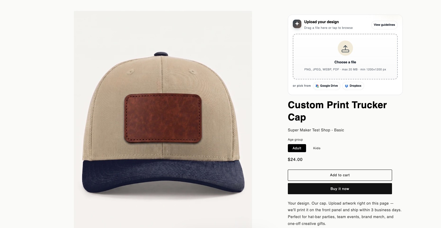 Custom Print Trucker Cap product page with the PartyKit upload block on the right
